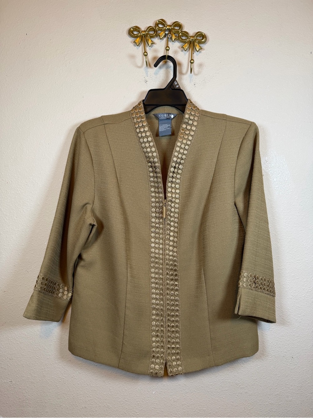 Kasper Khaki/Taupe Embellished Open-Front Zipper Blazer 3/4 Sleeves. Size 16